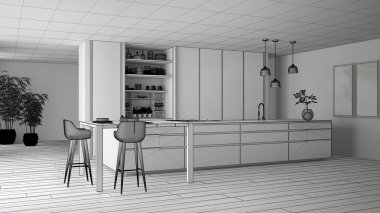 Minimalist mutfak bitmemiş proje, ada, masa, tabureler ve aksesuarları ile açık dolap, pencere, bambu, hidroponik vazolar, parke, iç tasarım konsept fikri