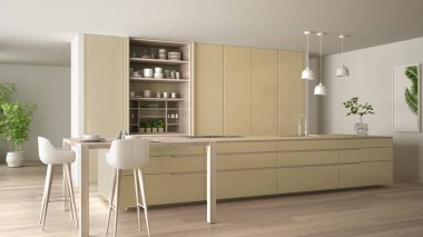 Beyaz ve bej minimalist mutfak çevre dostu daire, ada, masa, tabure ve açık dolap aksesuarlar, pencere, bambu, hidroponik vazo, parke, iç tasarım fikri