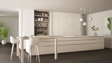 White and gray minimalist kitchen in eco friendly apartment, island, table, stools and open cabinet with accessories, window, bamboo, hydroponic vases, parquet , interior design idea