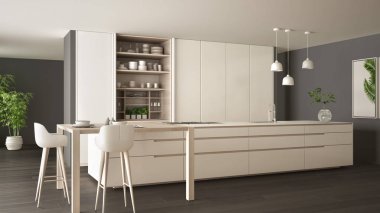 White and gray minimalist kitchen in eco friendly apartment, island, table, stools and open cabinet with accessories, window, bamboo, hydroponic vases, parquet , interior design idea