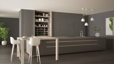 White and gray minimalist kitchen in eco friendly apartment, island, table, stools and open cabinet with accessories, window, bamboo, hydroponic vases, parquet , interior design idea