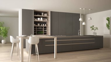 White and gray minimalist kitchen in eco friendly apartment, island, table, stools and open cabinet with accessories, window, bamboo, hydroponic vases, parquet , interior design idea