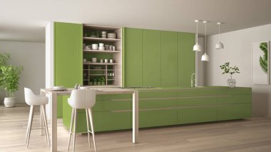 Çevre dostu daire, ada, masa, tabure ve açık dolapta beyaz ve yeşil minimalist mutfak aksesuarlar, pencere, bambu, hidroponik vazolar, parke, iç tasarım fikri