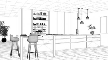 Blueprint proje taslak, minimalist mutfak, ada, masa, tabureler ve aksesuarları, pencere, bambu, hidroponik vazolar, parke, iç tasarım konsept fikri ile açık dolap