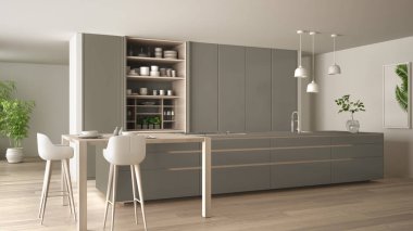 Çevre dostu daire, ada, masa, tabure ve açık dolapta beyaz ve güvercin grisi minimal mutfak aksesuarlar, pencere, bambu, hidroponik vazolar, parke, iç tasarım fikri