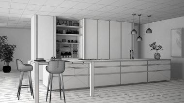 Minimalist mutfak bitmemiş proje, ada, masa, tabureler ve aksesuarları ile açık dolap, pencere, bambu, hidroponik vazolar, parke, iç tasarım konsept fikri