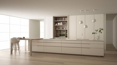 Çevre dostu daire, ada, masa, tabure ve aksesuarlı açık dolap, büyük pencere, bambu ve hidroponik vazolar, parke, iç tasarım fikri