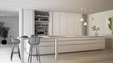 Mimar iç tasarımcı kavramı: gerçek olur bitmemiş proje, minimalist mutfak, ada, pencere, bambu, hidroponik vazolar, parke, iç tasarım kavramı fikir