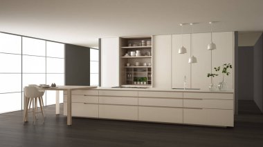 White and gray minimalist kitchen in eco friendly apartment, island, table, stools and open cabinet with accessories, window, bamboo, hydroponic vases, parquet , interior design idea