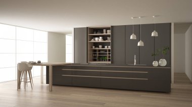 White and gray minimalist kitchen in eco friendly apartment, island, table, stools and open cabinet with accessories, window, bamboo, hydroponic vases, parquet , interior design idea