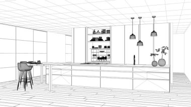 Blueprint proje taslak, minimalist mutfak, ada, masa, tabureler ve aksesuarları, pencere, bambu, hidroponik vazolar, parke, iç tasarım konsept fikri ile açık dolap