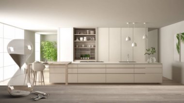 Ahşap masa, masa ya da kristal modern kum saati ölçüm geçen zaman içinde mimari iç tasarım, modern mutfak üzerine bir süre için geri sayım ile raf kopyalama alanı arka plan