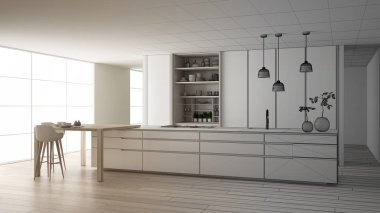 Mimar iç tasarımcı kavramı: gerçek olur bitmemiş proje, minimalist mutfak, ada, pencere, bambu, hidroponik vazolar, parke, iç tasarım kavramı fikir