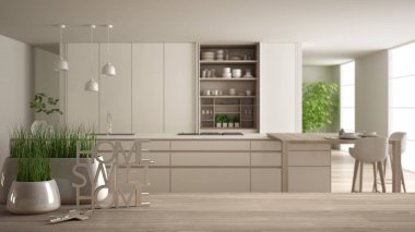 Ahşap masa, masa veya saksı çim tesisi, evin anahtarları ve 3d harfler evim güzel evim, beyaz ve ahşap mutfak, mimari iç tasarım, üzerinde ile raf kopyalama alanı arka plan