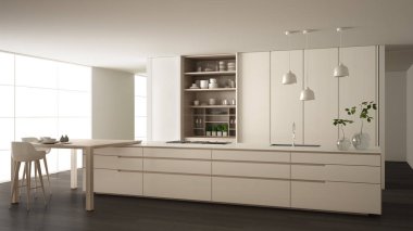 White and gray minimalist kitchen in eco friendly apartment, island, table, stools and open cabinet with accessories, window, bamboo, hydroponic vases, parquet , interior design idea