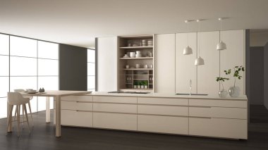 White and gray minimalist kitchen in eco friendly apartment, island, table, stools and open cabinet with accessories, window, bamboo, hydroponic vases, parquet , interior design idea