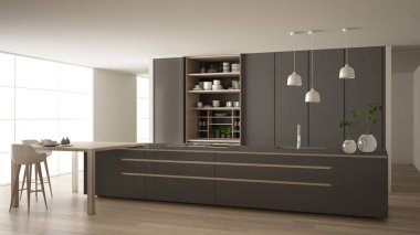 White and gray minimalist kitchen in eco friendly apartment, island, table, stools and open cabinet with accessories, window, bamboo, hydroponic vases, parquet , interior design idea