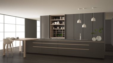 White and gray minimalist kitchen in eco friendly apartment, island, table, stools and open cabinet with accessories, window, bamboo, hydroponic vases, parquet , interior design idea