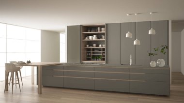 Çevre dostu daire, ada, masa, tabure ve açık dolapta beyaz ve güvercin grisi minimal mutfak aksesuarlar, pencere, bambu, hidroponik vazolar, parke, iç tasarım fikri