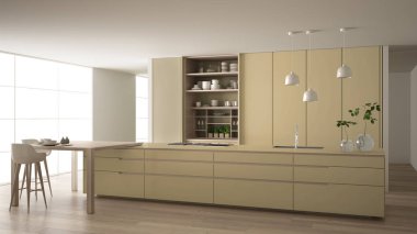 Beyaz ve bej minimalist mutfak çevre dostu daire, ada, masa, tabure ve açık dolap aksesuarlar, pencere, bambu, hidroponik vazo, parke, iç tasarım fikri