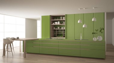 Çevre dostu daire, ada, masa, tabure ve açık dolapta beyaz ve yeşil minimalist mutfak aksesuarlar, pencere, bambu, hidroponik vazolar, parke, iç tasarım fikri