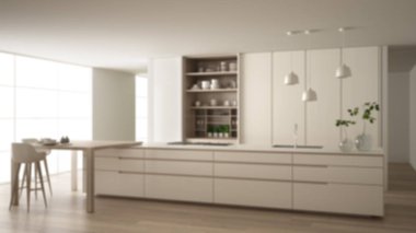 Bulanıklık arka plan iç tasarım, çevre dostu daire beyaz minimalist mutfak, ada, masa, tabureler ve aksesuarları ile açık dolap, pencere, bambu, hidroponik vazolar, parke
