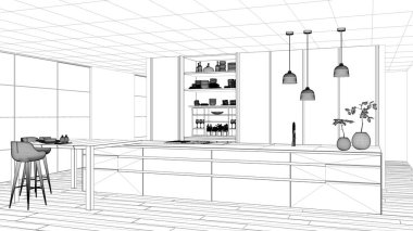 Blueprint proje taslak, minimalist mutfak, ada, masa, tabureler ve aksesuarları, pencere, bambu, hidroponik vazolar, parke, iç tasarım konsept fikri ile açık dolap