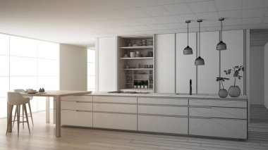 Mimar iç tasarımcı kavramı: gerçek olur bitmemiş proje, minimalist mutfak, ada, pencere, bambu, hidroponik vazolar, parke, iç tasarım kavramı fikir