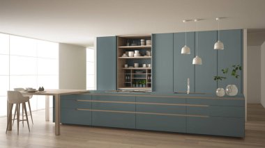 Çevre dostu daire, ada, masa, tabure ve açık dolap beyaz ve mavi minimalist mutfak aksesuarlar, pencere, bambu, hidroponik vazolar, parke, iç tasarım fikri