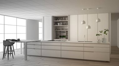 Mimar iç tasarımcı kavramı: gerçek olur bitmemiş proje, minimalist mutfak, ada, pencere, bambu, hidroponik vazolar, parke, iç tasarım kavramı fikir