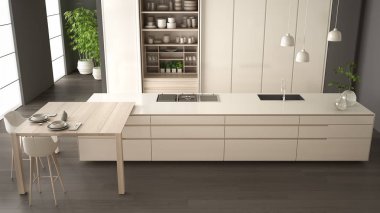 Beyaz ve gri minimalist mutfak çevre dostu daire, ada, masa, aksesuar, büyük pencere, bambu ve hidroponik vazolar, iç tasarım fikri, üst görünüm