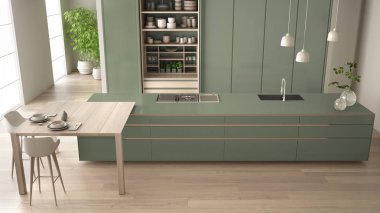 Çevre dostu daire, ada, masa, aksesuar, büyük pencere, bambu ve hidroponik vazolar, iç tasarım fikri, üst görünüm