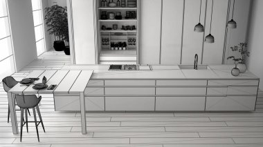 Minimalist mutfak bitmemiş proje, ada, masa, tabureler ve aksesuarları ile açık dolap, pencere, bambu, hidroponik vazolar, parke, iç tasarım konsept fikri, üst görünümü