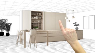 Bitmemiş proje, inşaat taslak altında, konsept iç tasarım kroki, el plan arka plan, mimar ve tasarımcı fikri ile gerçek modern beyaz mutfak işaret