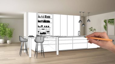 Bitmemiş proje, inşaat taslak altında, konsept iç tasarım kroki, gerçek ev arka plan, mimar ve tasarımcı fikir modern mutfak planı kroki çizim el çizim