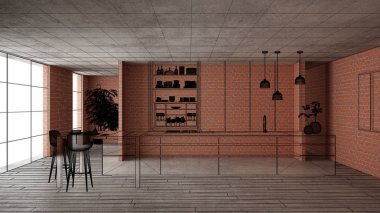 Ev yenileme, ev geliştirme kavramı arka plan, iç tasarım altında inşaat, özel mimari tasarım projesi, siyah mürekkep kroki, minimalist mutfak gösterilen blueprint