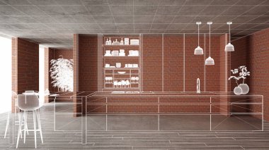 Ev yenileme, ev geliştirme kavramı arka plan, iç tasarım altında inşaat, özel mimari tasarım projesi, beyaz mürekkep kroki, minimalist mutfak gösterilen blueprint