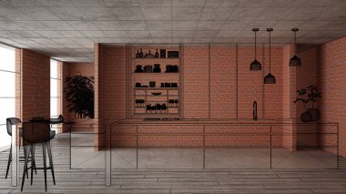 Ev yenileme, ev geliştirme kavramı arka plan, iç tasarım altında inşaat, özel mimari tasarım projesi, siyah mürekkep kroki, minimalist mutfak gösterilen blueprint