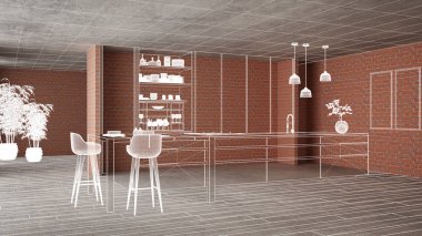 Ev yenileme, ev geliştirme kavramı arka plan, iç tasarım altında inşaat, özel mimari tasarım projesi, beyaz mürekkep kroki, minimalist mutfak gösterilen blueprint