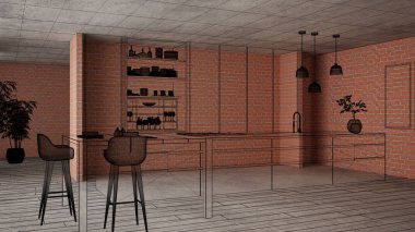 Ev yenileme, ev geliştirme kavramı arka plan, iç tasarım altında inşaat, özel mimari tasarım projesi, siyah mürekkep kroki, minimalist mutfak gösterilen blueprint