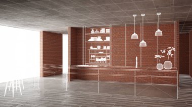 Ev yenileme, ev geliştirme kavramı arka plan, iç tasarım altında inşaat, özel mimari tasarım projesi, beyaz mürekkep kroki, minimalist mutfak gösterilen blueprint