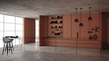 Ev yenileme, ev geliştirme kavramı arka plan, iç tasarım altında inşaat, özel mimari tasarım projesi, siyah mürekkep kroki, minimalist mutfak gösterilen blueprint