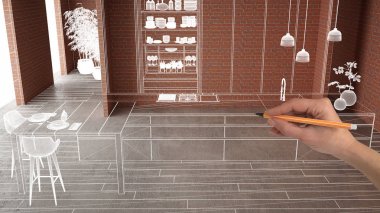 Ev yenileme, ev geliştirme konsepti arka plan, inşaat altında iç tasarım, özel tasarım projesi, beyaz mürekkep kroki, minimalist mutfak gösteren plan, üst görünüm