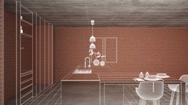 Ev yenileme, ev geliştirme kavramı arka plan, iç tasarım altında inşaat, özel mimari tasarım projesi, beyaz mürekkep kroki, minimalist mutfak gösterilen blueprint