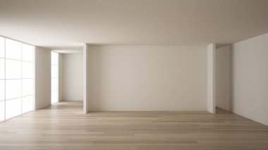 Boş oda iç tasarımı, beyaz duvarlar, modern tarzı, parke ahşap zemin ile açık alan, minimalist çağdaş mimari, konsept, mock-up, mimari fikir