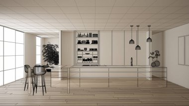 Parke zemin ve beyaz duvarlar, özel mimari tasarım projesi, siyah mürekkep kroki, modern mutfak, konsept, maket, mimar fikir gösteren plan ile boş beyaz iç