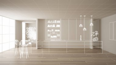 Parke zemin ve beyaz duvarlar, özel mimari tasarım projesi, beyaz mürekkep kroki, modern mutfak, konsept, maket, mimari fikir gösteren plan ile boş beyaz iç