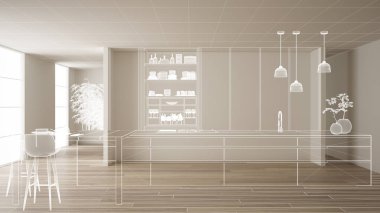 Parke zemin ve beyaz duvarlar, özel mimari tasarım projesi, beyaz mürekkep kroki, modern mutfak, konsept, maket, mimari fikir gösteren plan ile boş beyaz iç