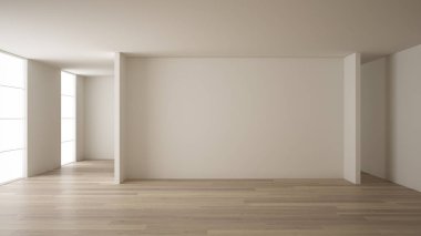 Boş oda iç tasarımı, beyaz duvarlar, modern tarzı, parke ahşap zemin ile açık alan, minimalist çağdaş mimari, konsept, mock-up, mimari fikir