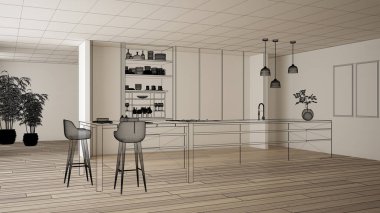 Parke zemin ve beyaz duvarlar, özel mimari tasarım projesi, siyah mürekkep kroki, modern mutfak, konsept, maket, mimar fikir gösteren plan ile boş beyaz iç